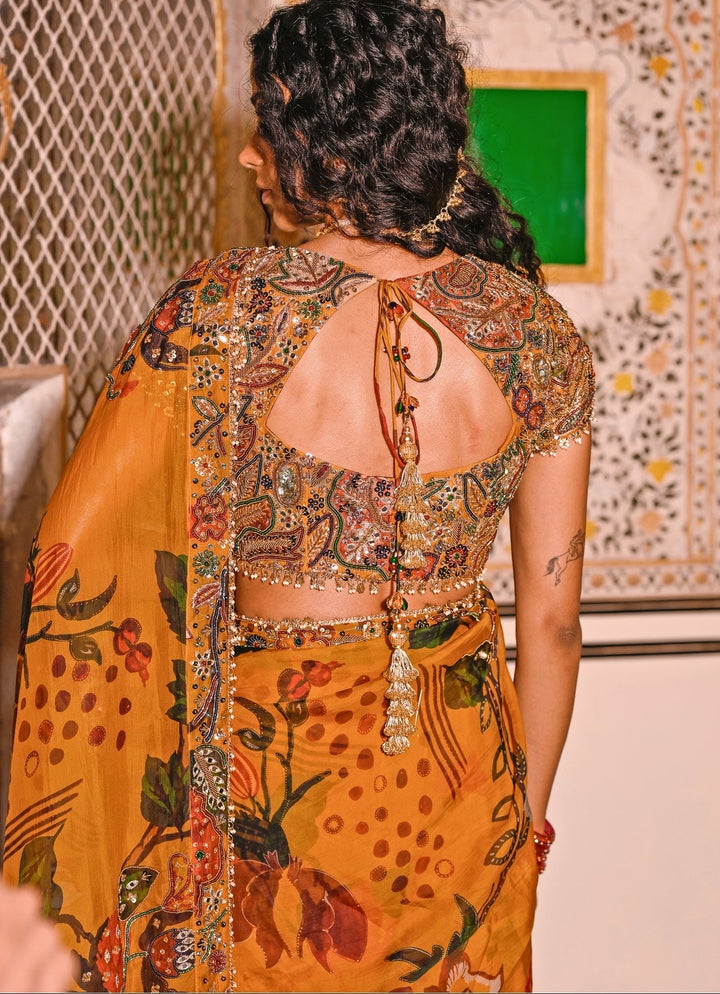 Mustard Yellow Printed Organza Pre-Draped Saree