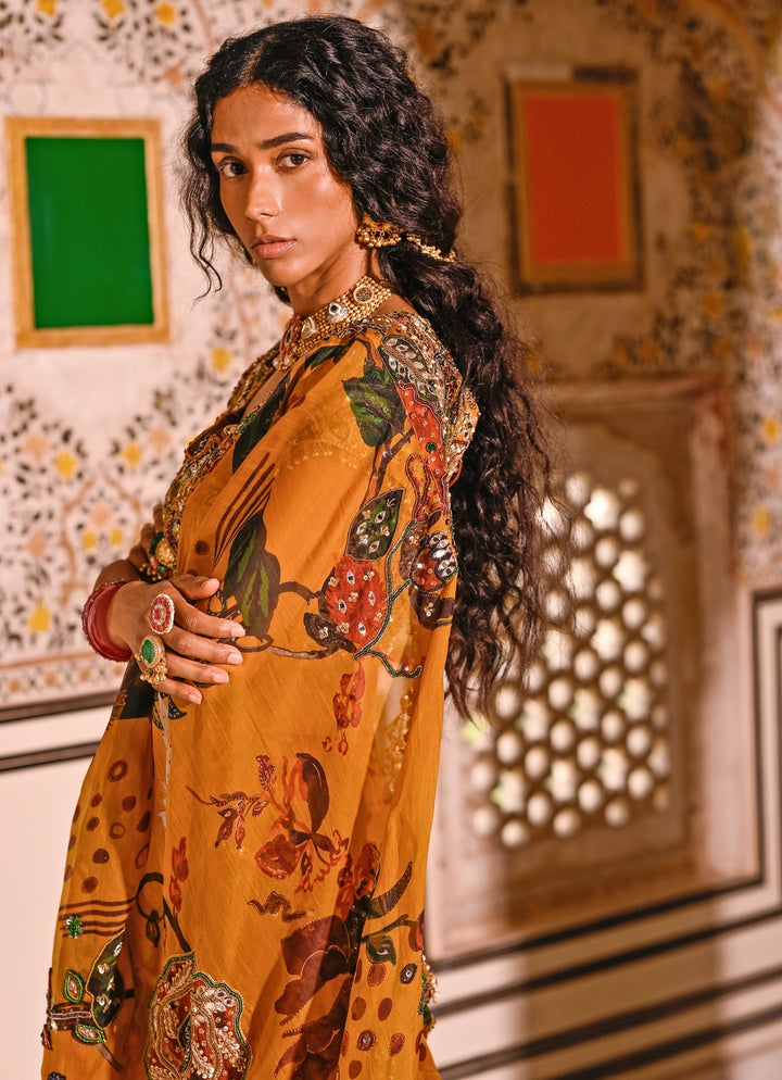 Mustard Yellow Printed Organza Pre-Draped Saree