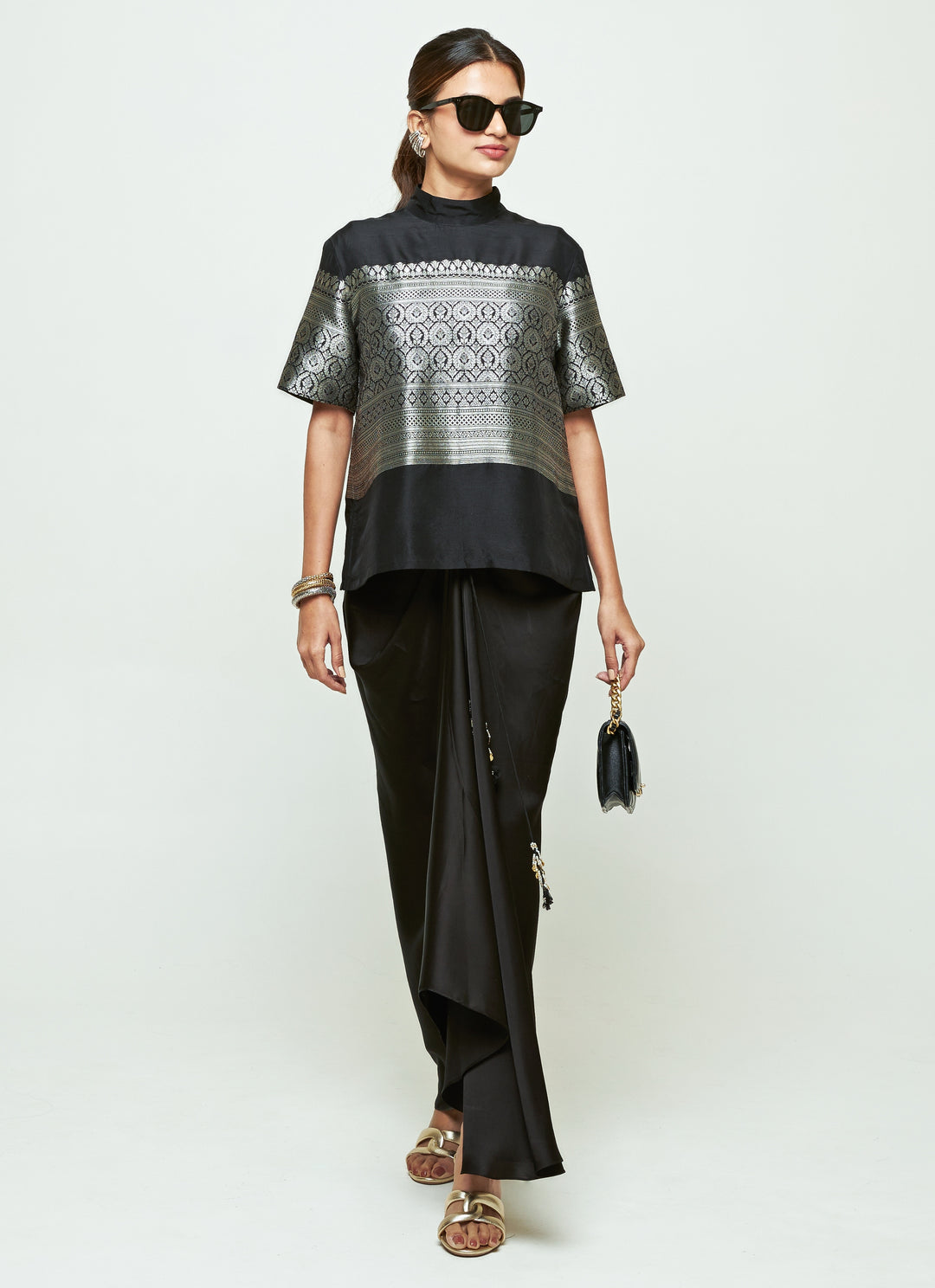 Black Brocade Silk Top With Draped Skirt Set