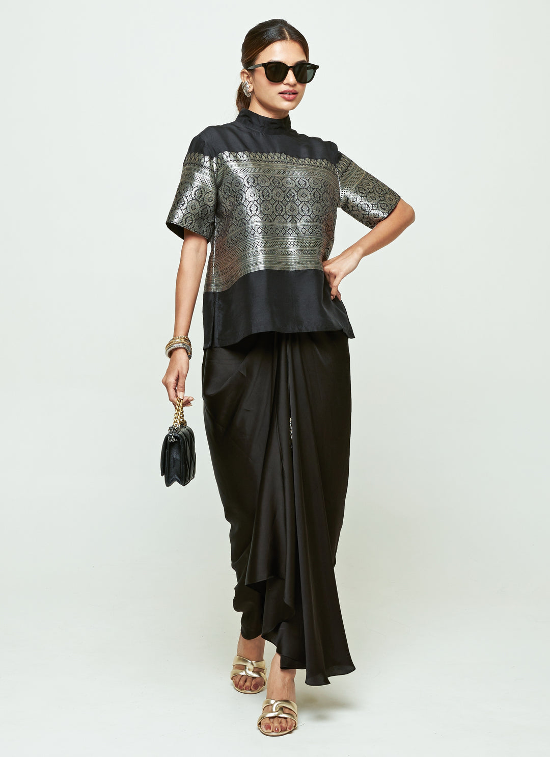 Black Brocade Silk Top With Draped Skirt Set