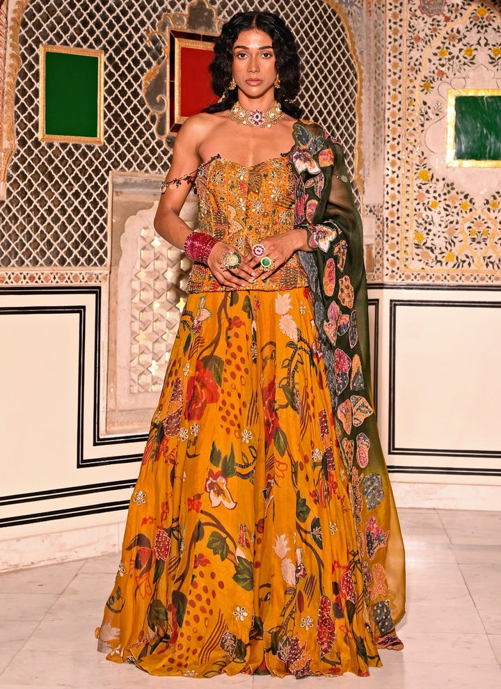 Mustard Yellow Embroidered Organza Corset Lehenga Set