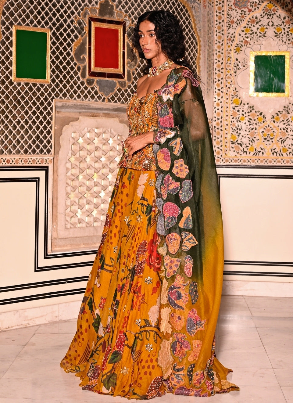 Mustard Yellow Embroidered Organza Corset Lehenga Set