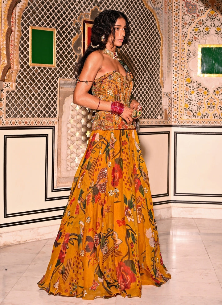 Mustard Yellow Embroidered Organza Corset Lehenga Set