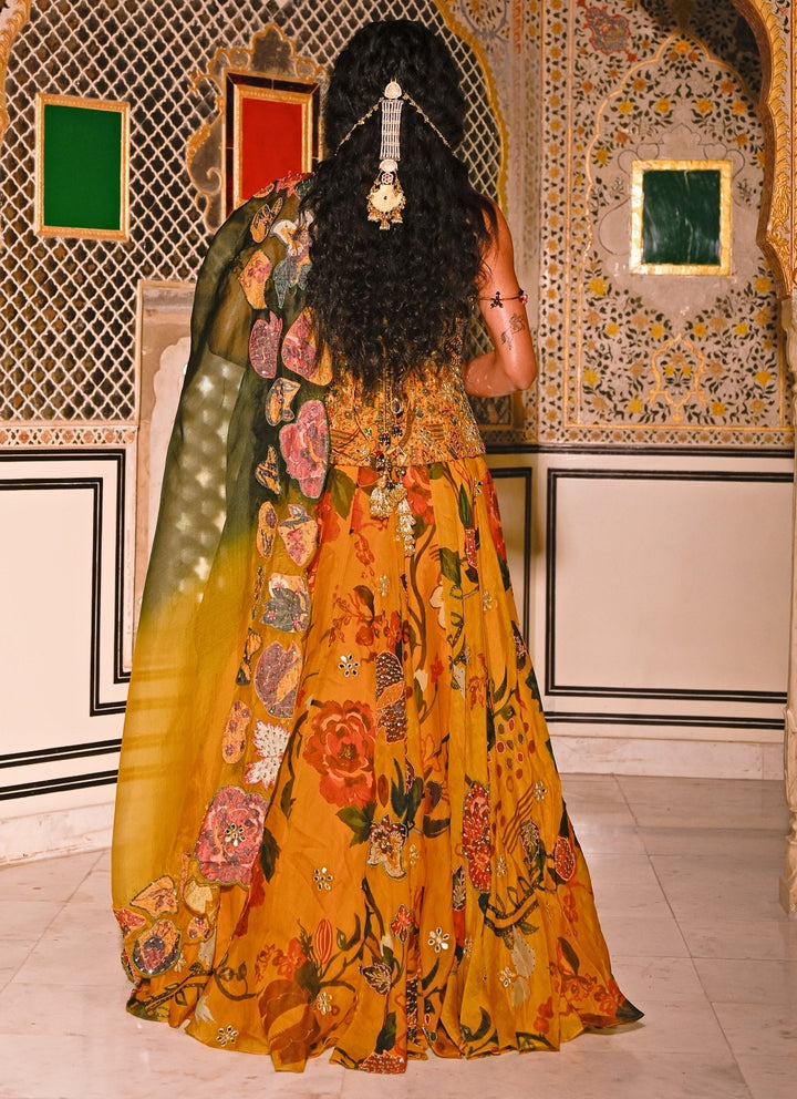 Mustard Yellow Embroidered Organza Corset Lehenga Set