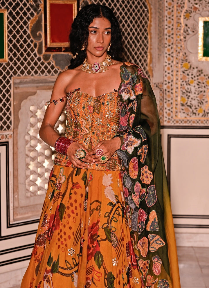 Mustard Yellow Embroidered Organza Corset Lehenga Set