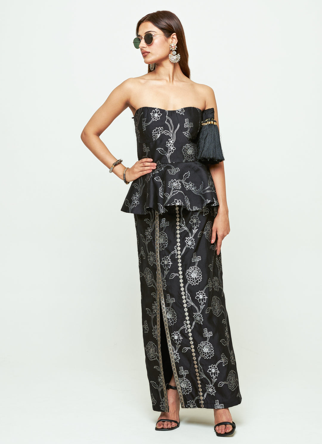 Black Brocade Silk Peplum Top With Slit Skirt Set