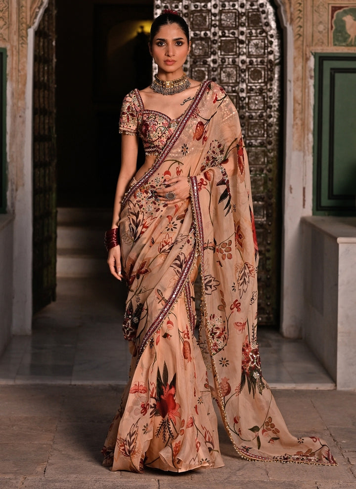 Muted Beige Pink Printed Organza Pre-Draped Saree