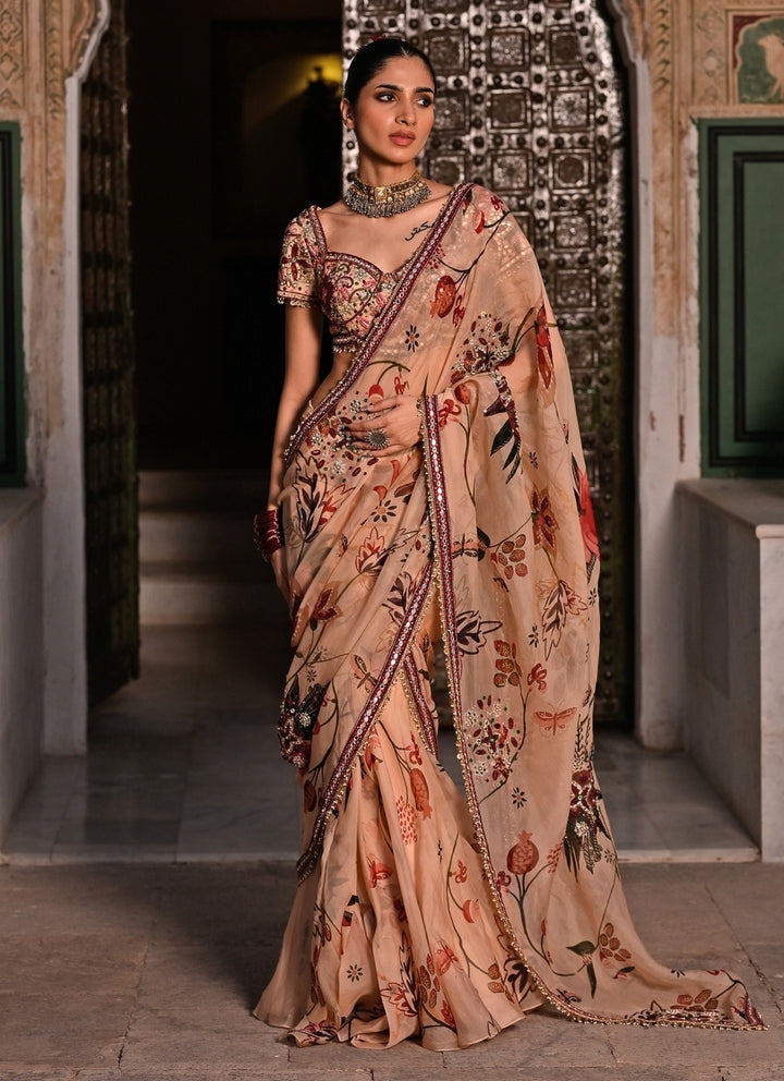 Muted Beige Pink Printed Organza Pre-Draped Saree