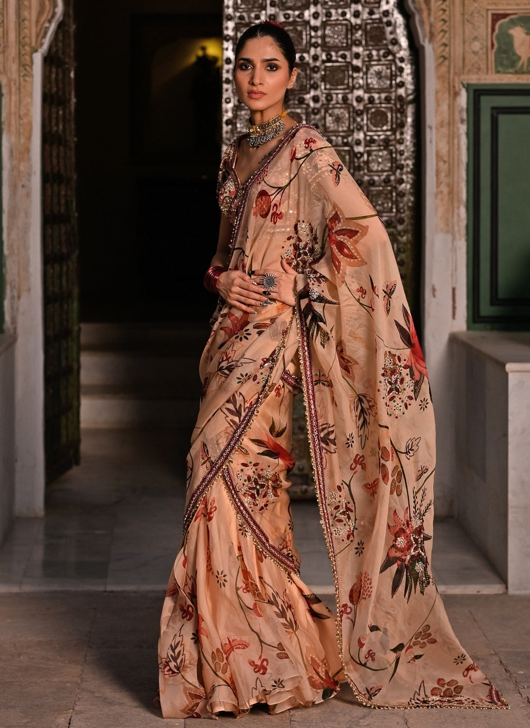 Muted Beige Pink Printed Organza Pre-Draped Saree