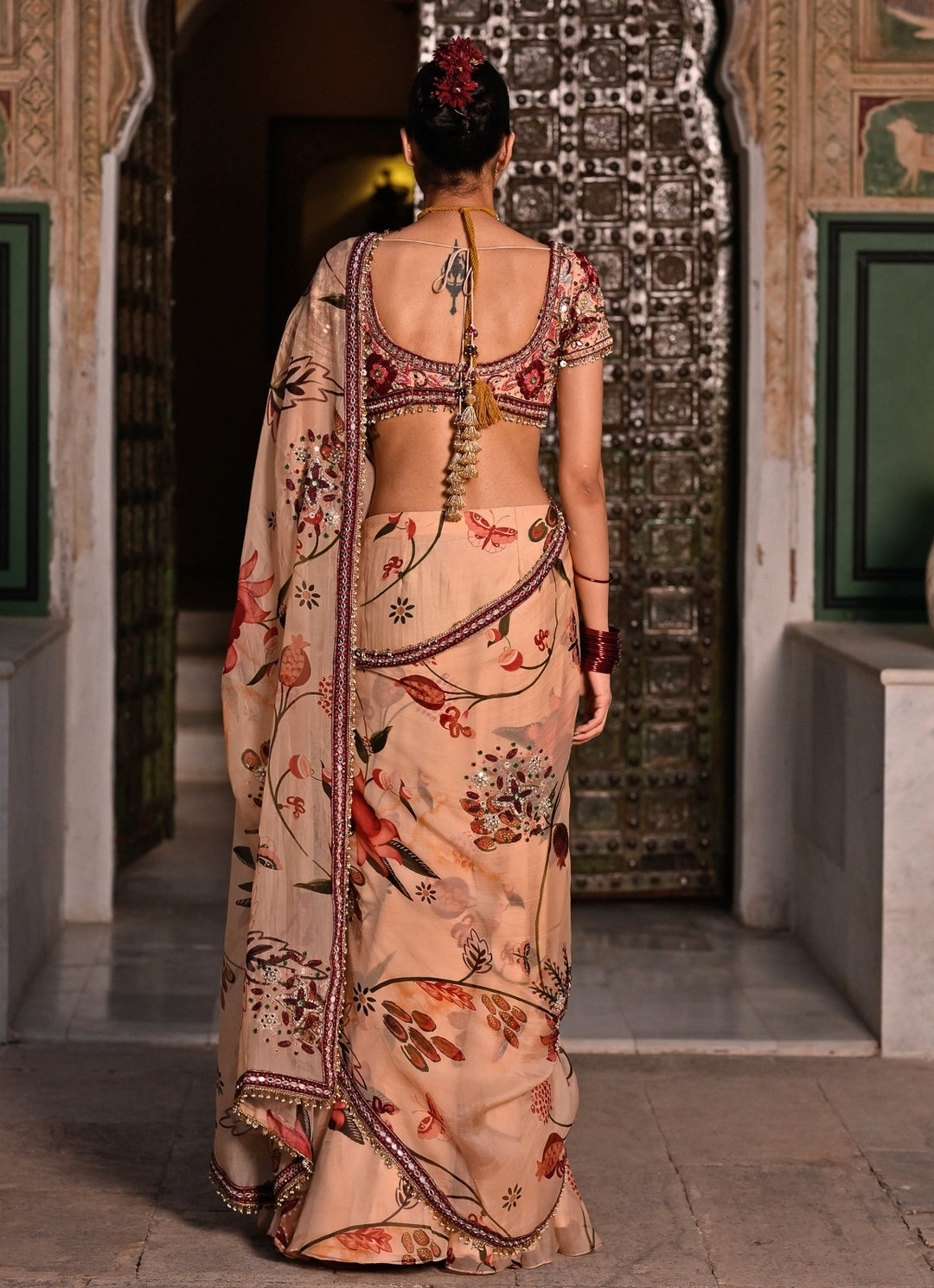 Muted Beige Pink Printed Organza Pre-Draped Saree