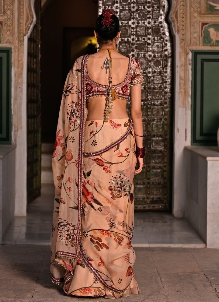 Muted Beige Pink Printed Organza Pre-Draped Saree