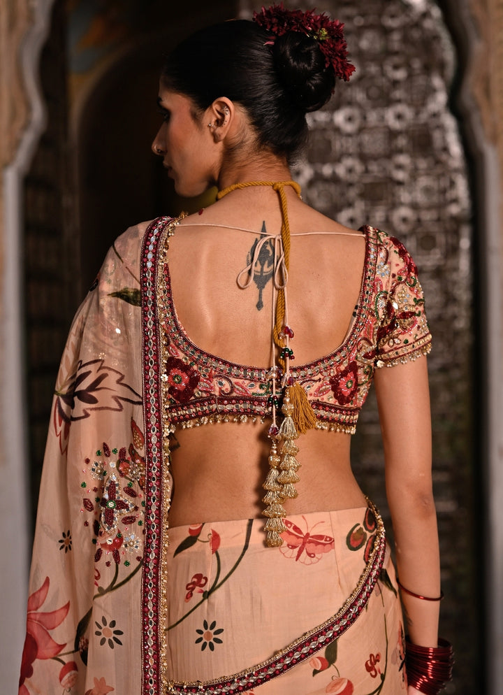 Muted Beige Pink Printed Organza Pre-Draped Saree