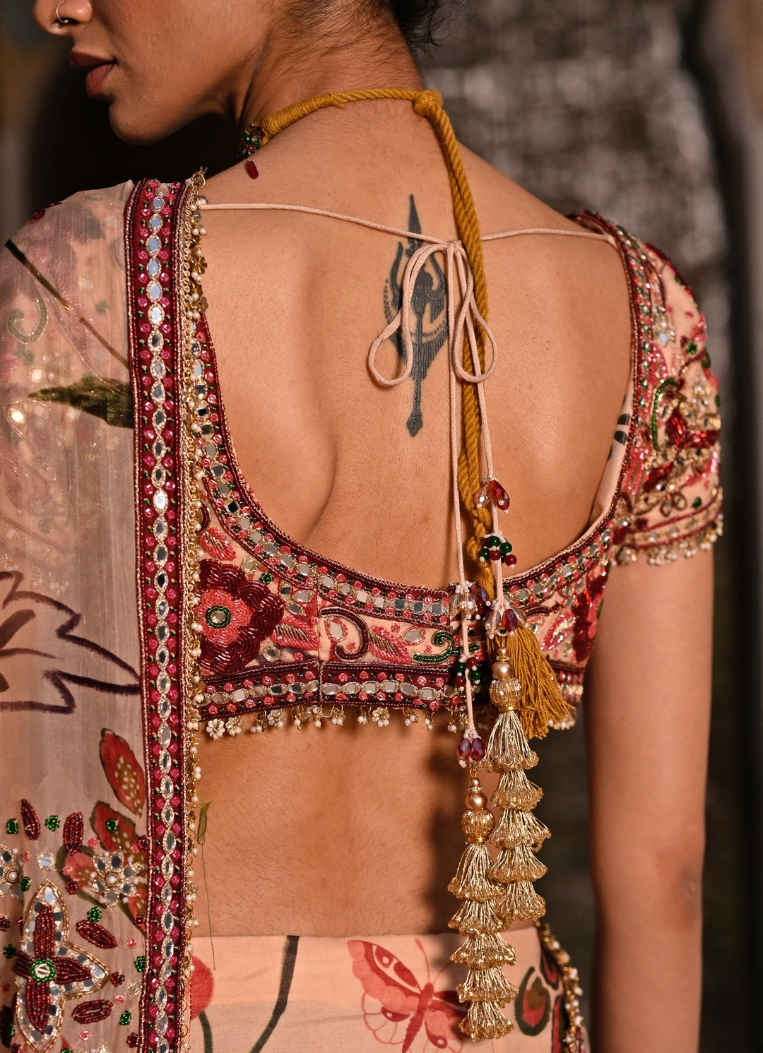 Muted Beige Pink Printed Organza Pre-Draped Saree