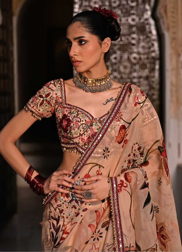 Muted Beige Pink Printed Organza Pre-Draped Saree