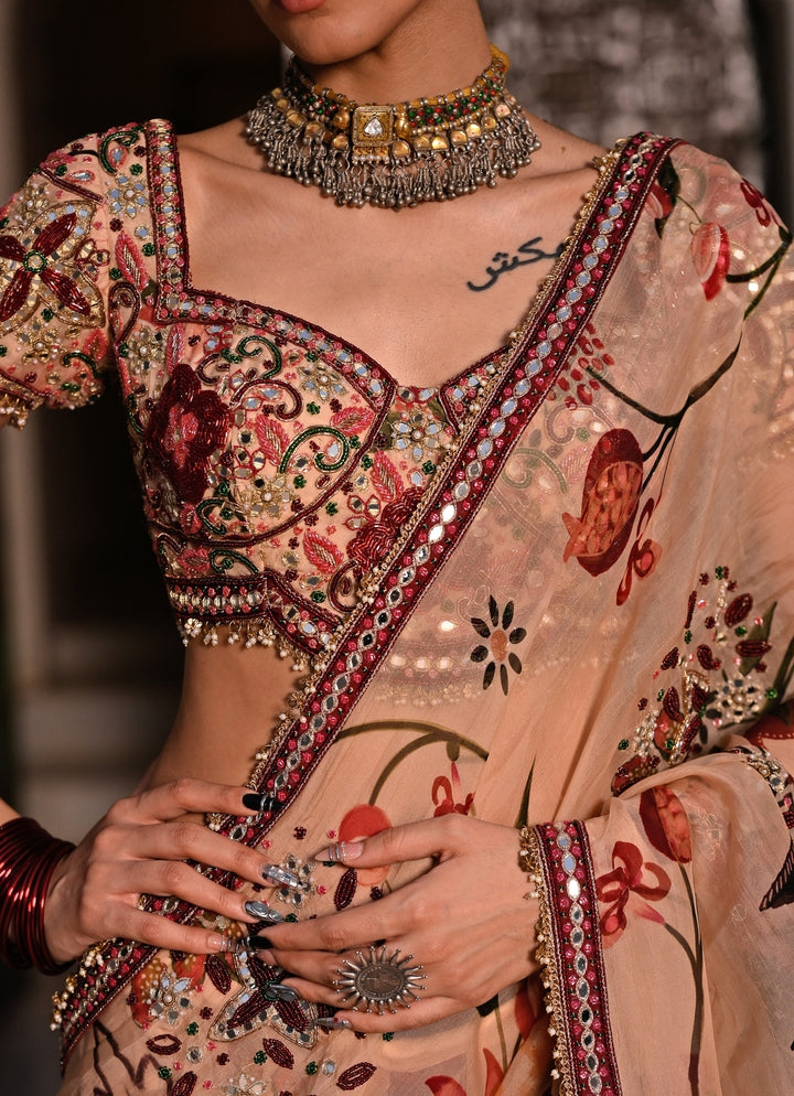 Muted Beige Pink Printed Organza Pre-Draped Saree