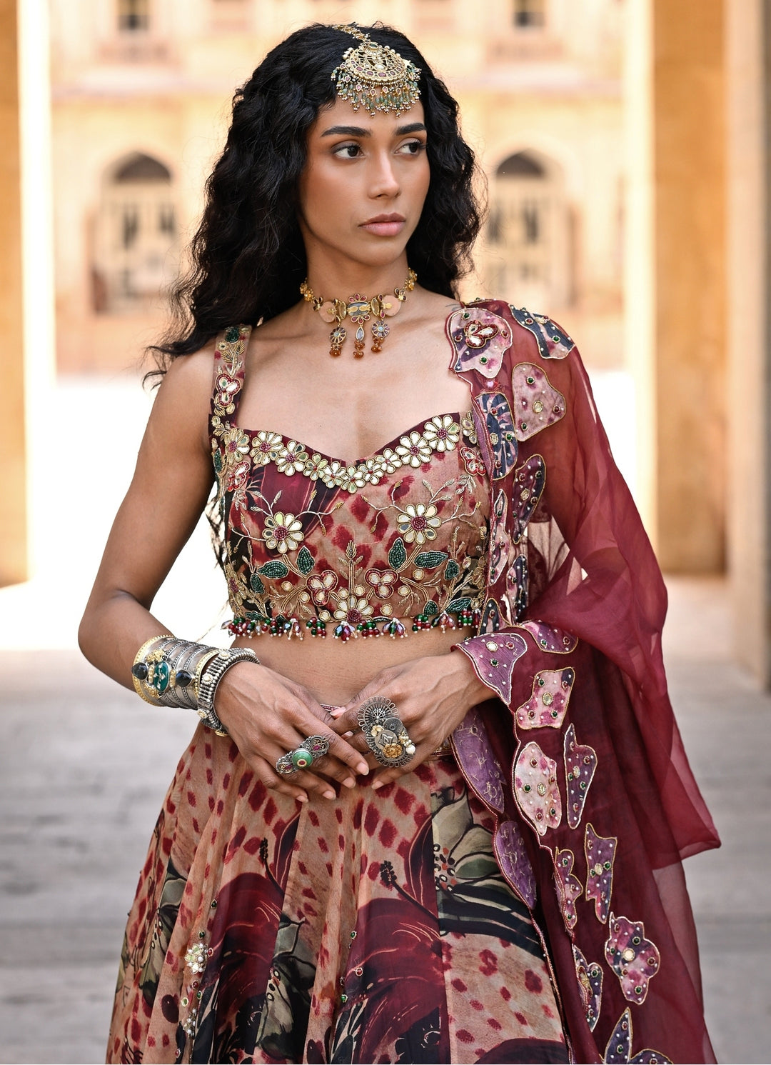 Maroon Red Printed Organza Lehenga Set