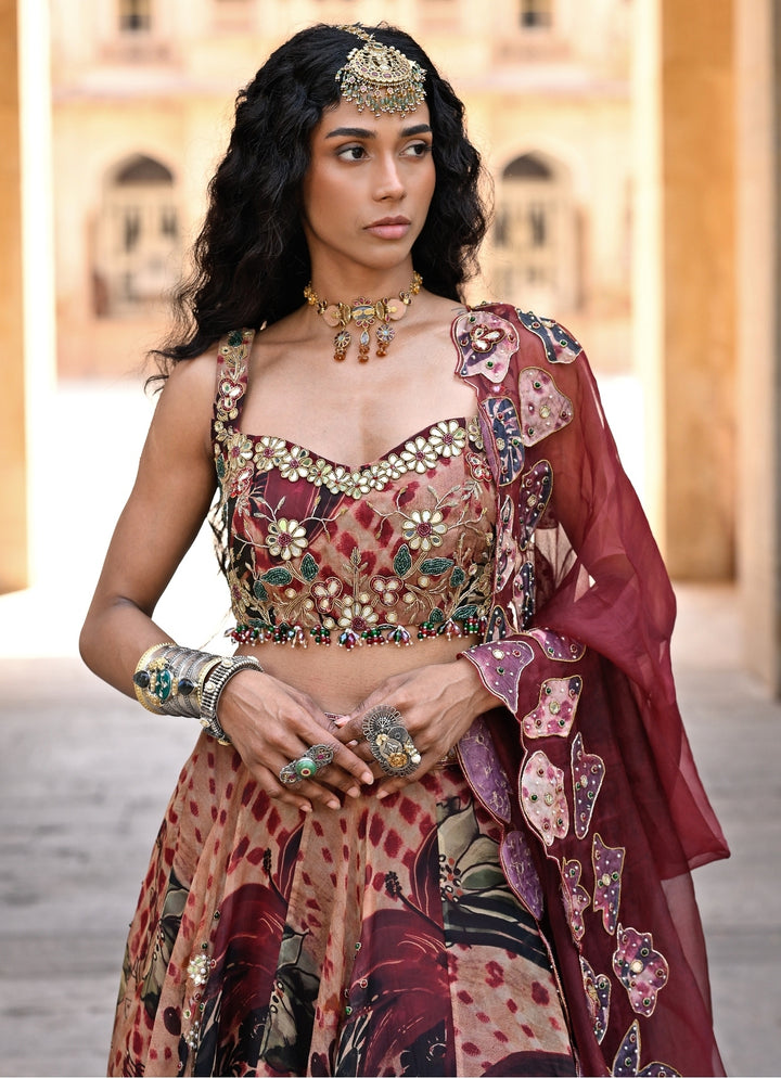Maroon Red Printed Organza Lehenga Set