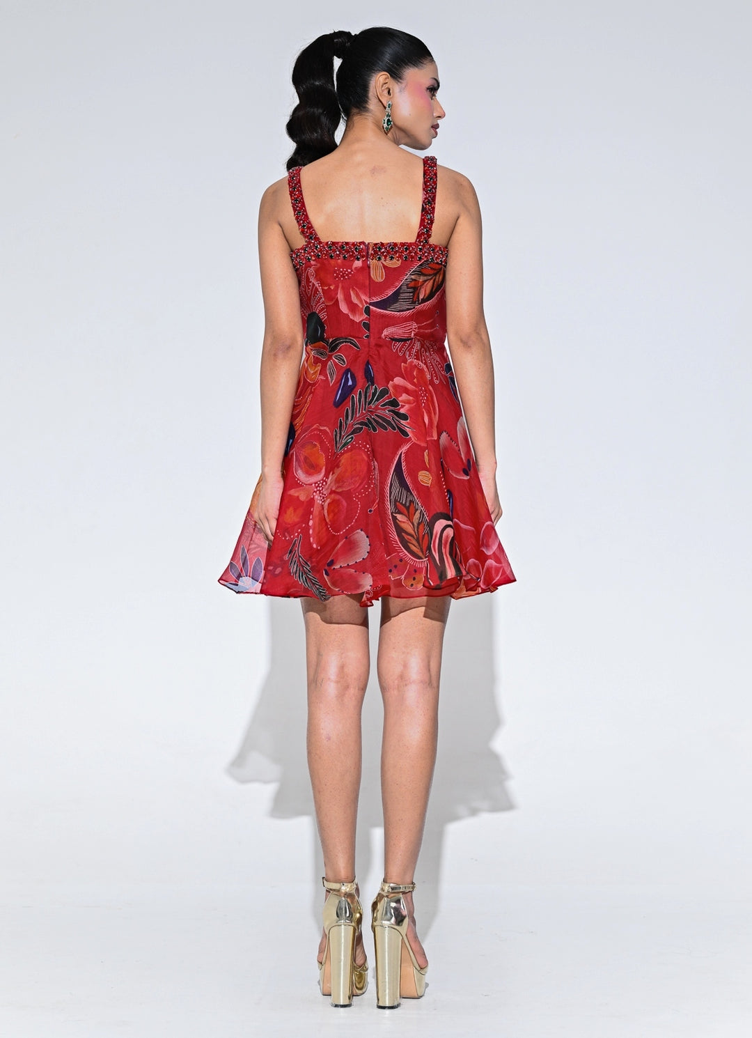 Red Printed Organza Short Dress