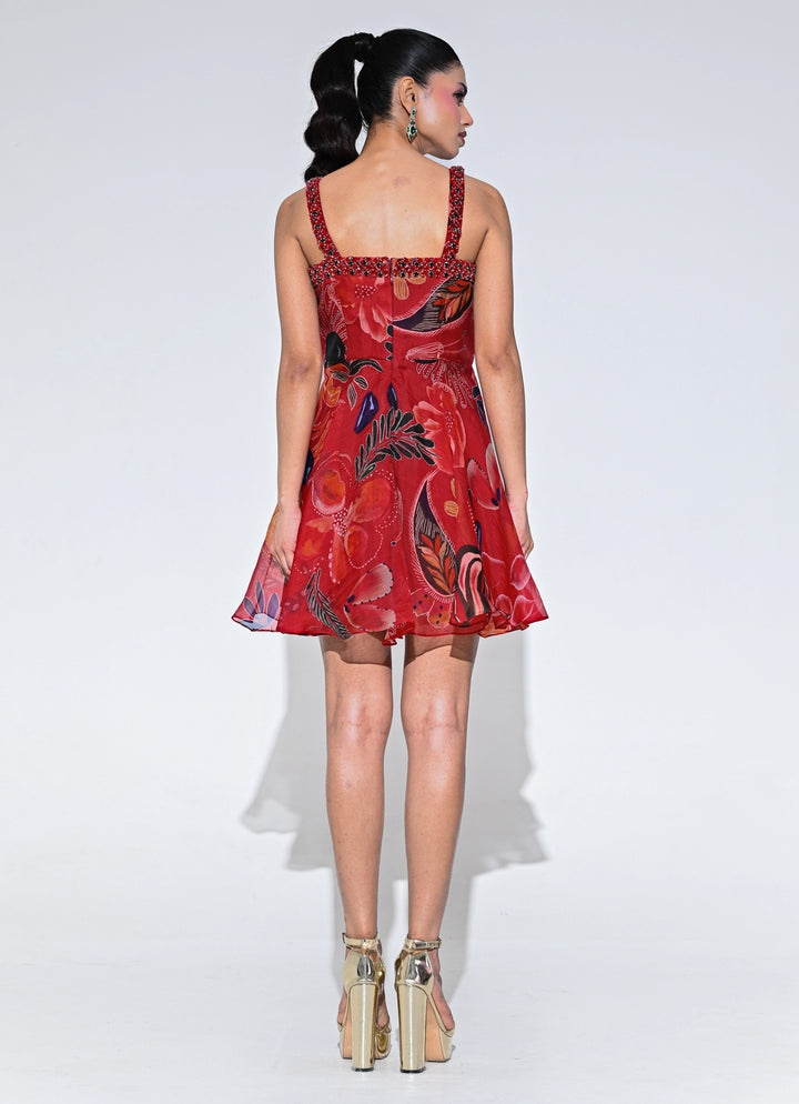 Red Printed Organza Short Dress