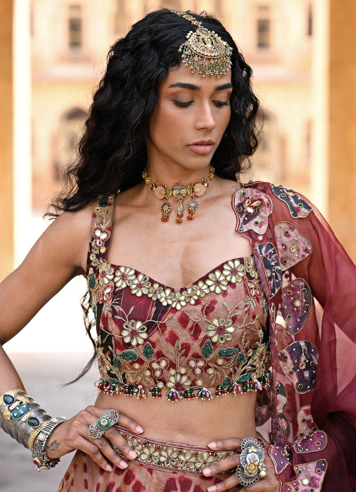 Maroon Red Printed Organza Lehenga Set