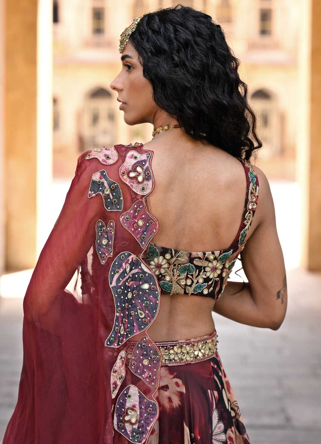 Maroon Red Printed Organza Lehenga Set