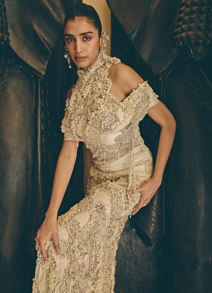 Ivory Halterneck Georgette Drape Gown