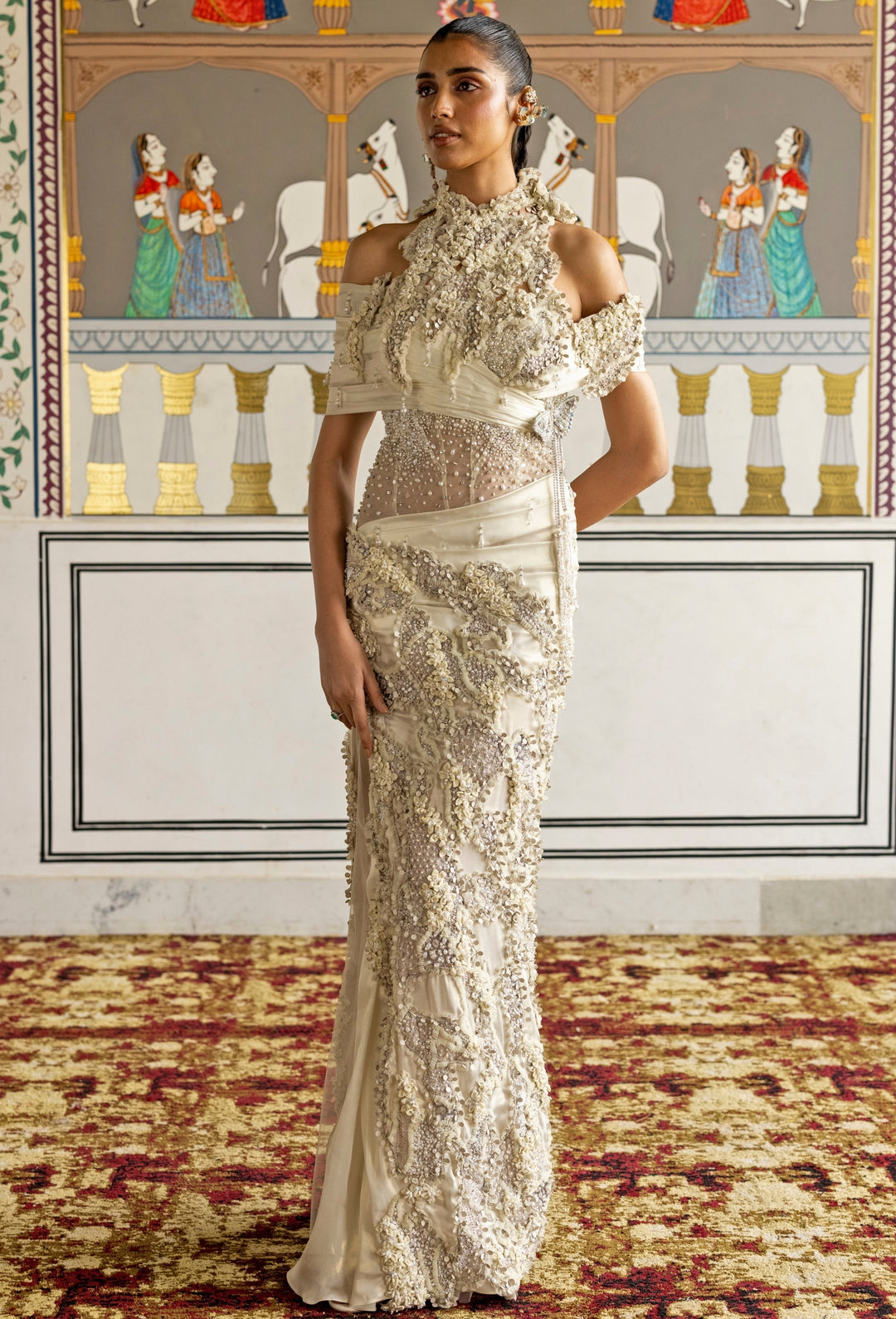 Ivory Halterneck Georgette Drape Gown