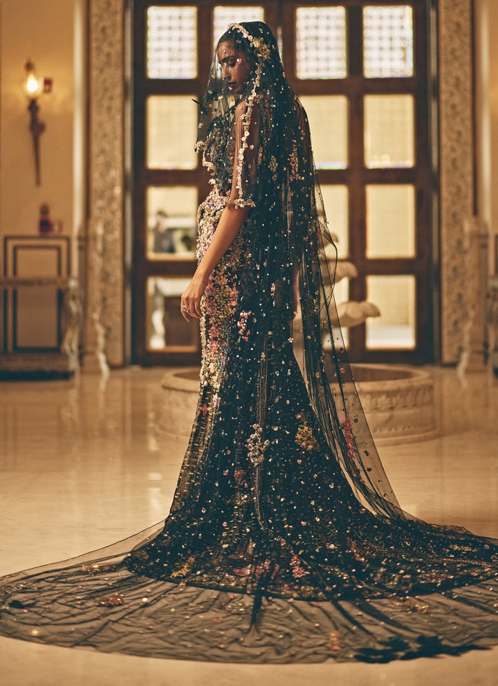 Midnight Blue Soft Net Mermaid Trail Lehenga With Corset