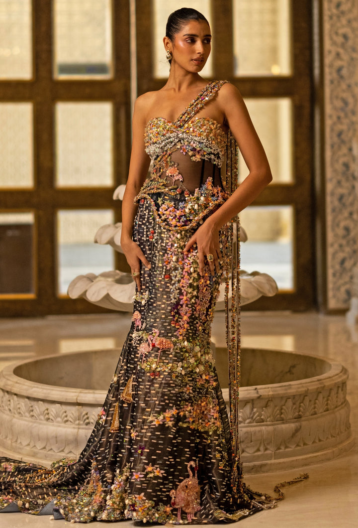 Midnight Blue Soft Net Mermaid Trail Lehenga With Corset