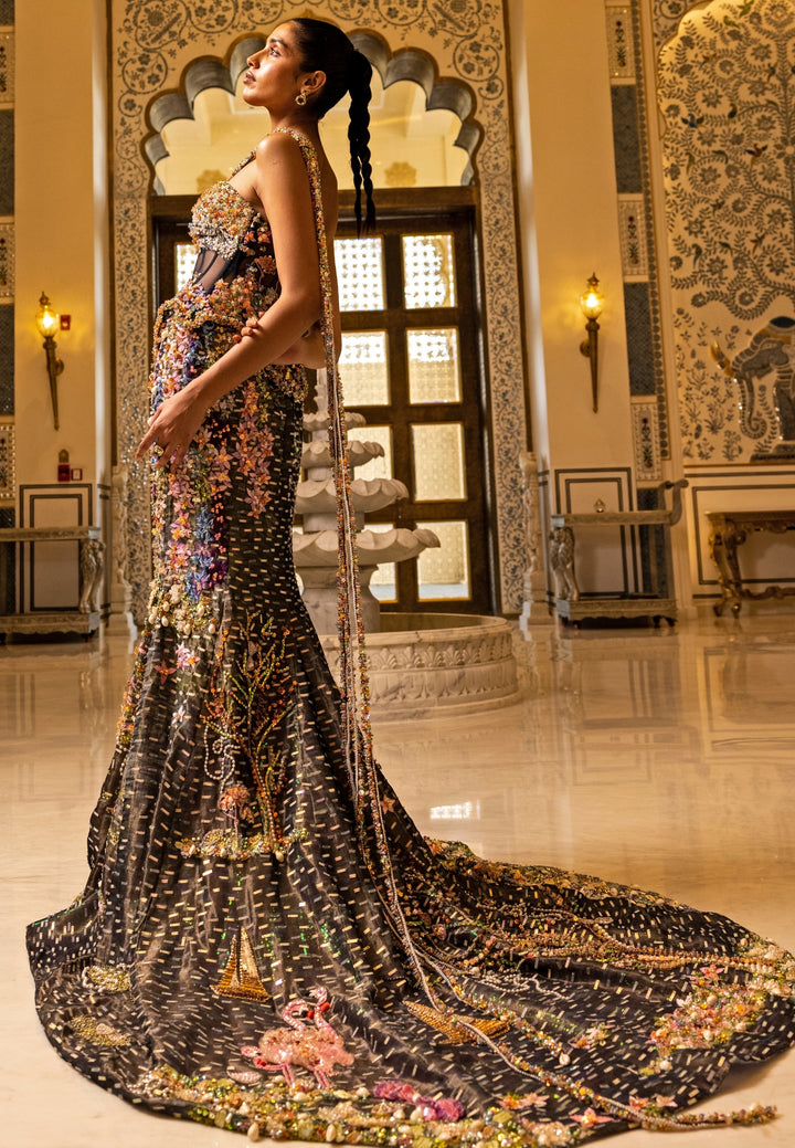 Midnight Blue Soft Net Mermaid Trail Lehenga With Corset