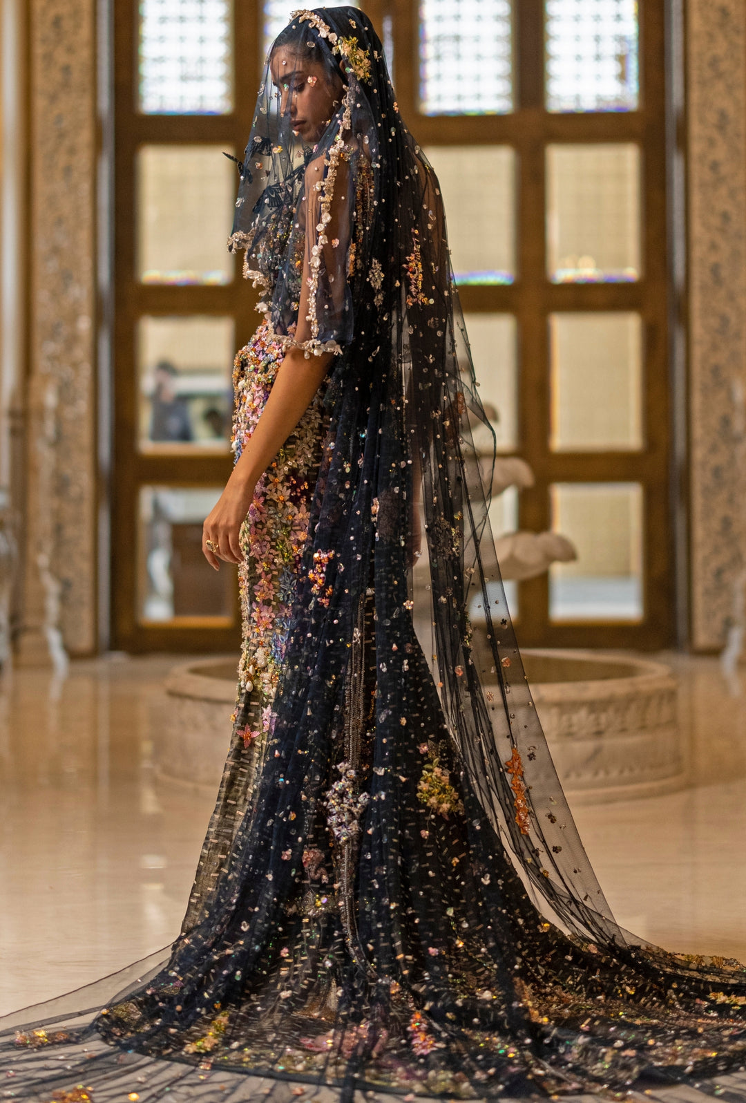 Midnight Blue Soft Net Mermaid Trail Lehenga With Corset