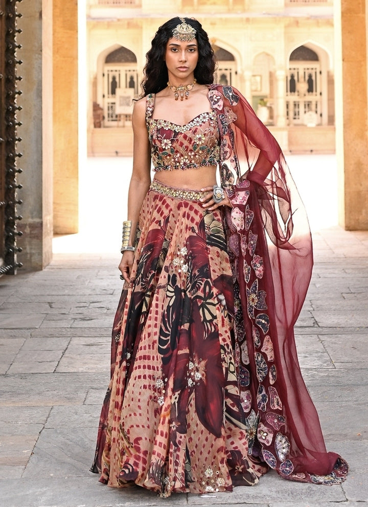 Maroon Red Printed Organza Lehenga Set