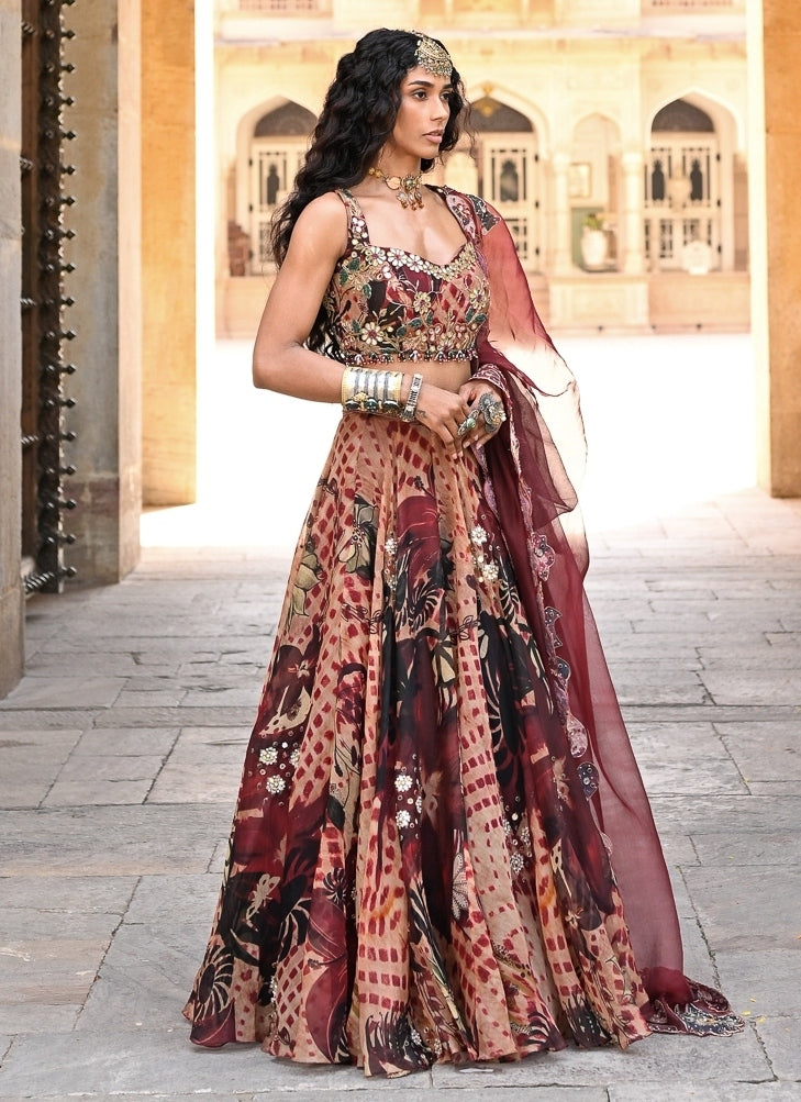 Maroon Red Printed Organza Lehenga Set