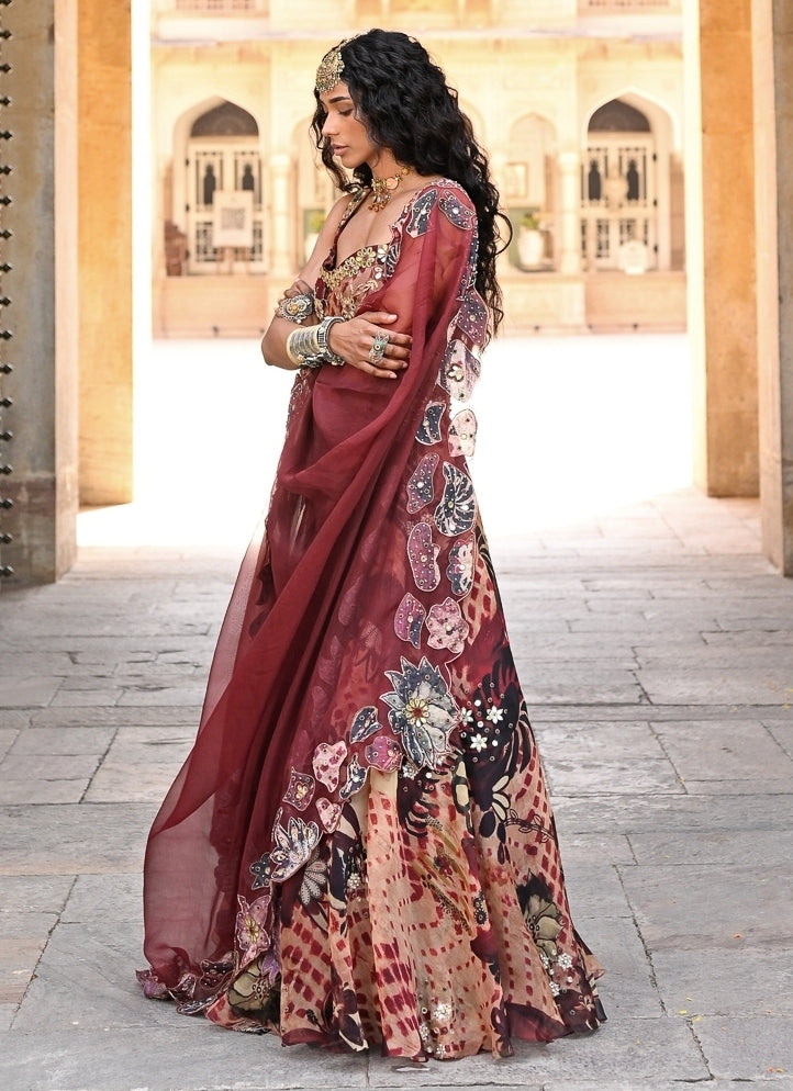 Maroon Red Printed Organza Lehenga Set