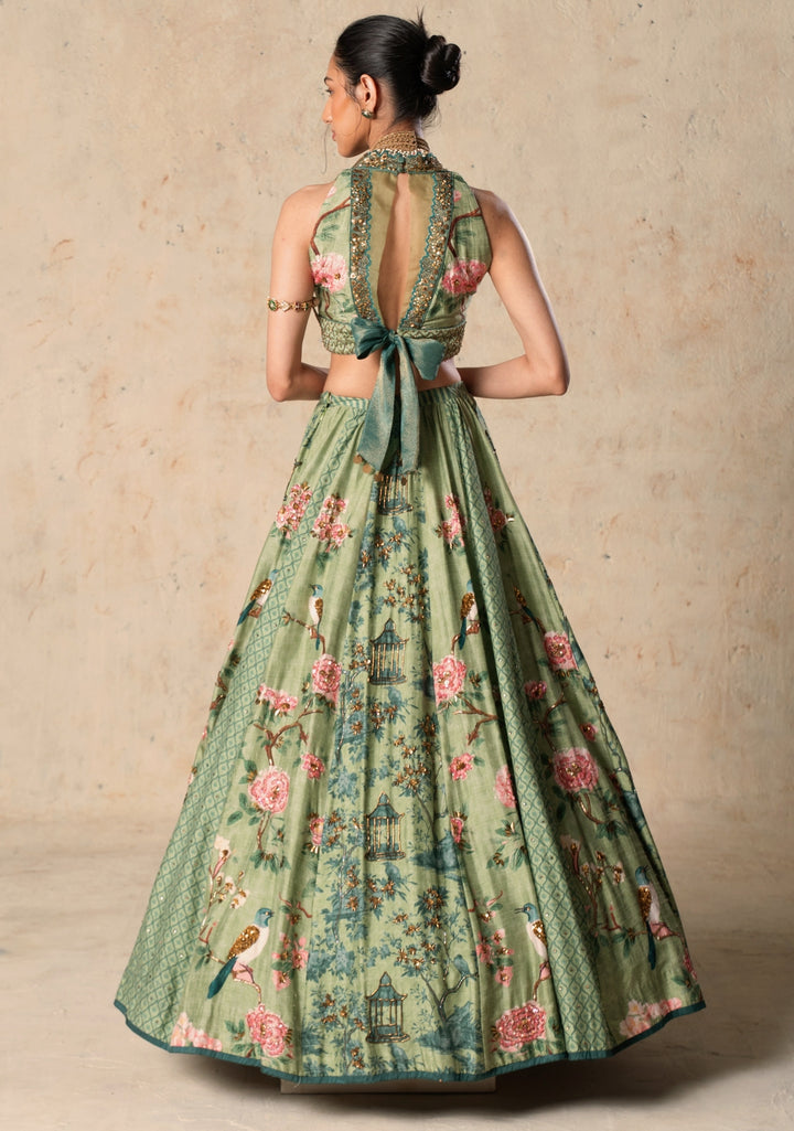 Green Printed Tussar Lehenga Set