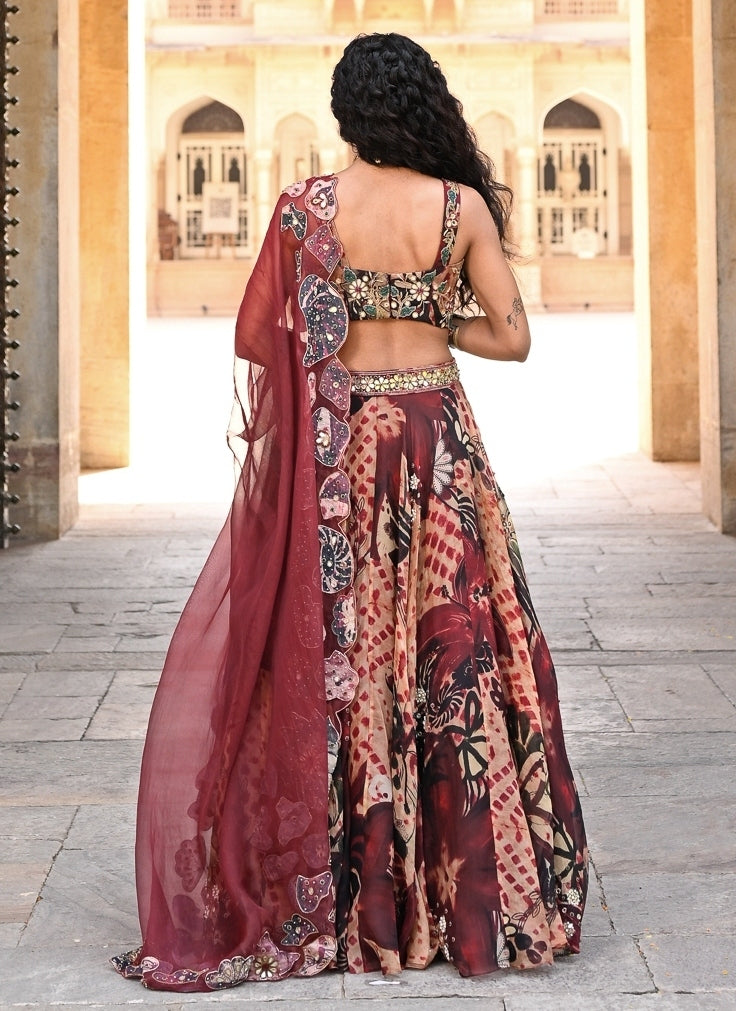 Maroon Red Printed Organza Lehenga Set