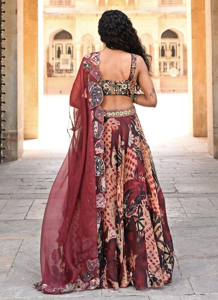 Maroon Red Printed Organza Lehenga Set