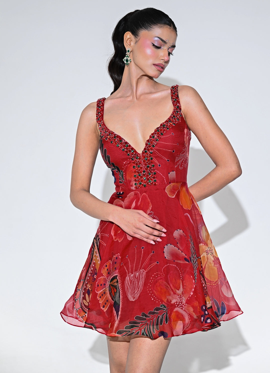 Red Printed Organza Short Dress