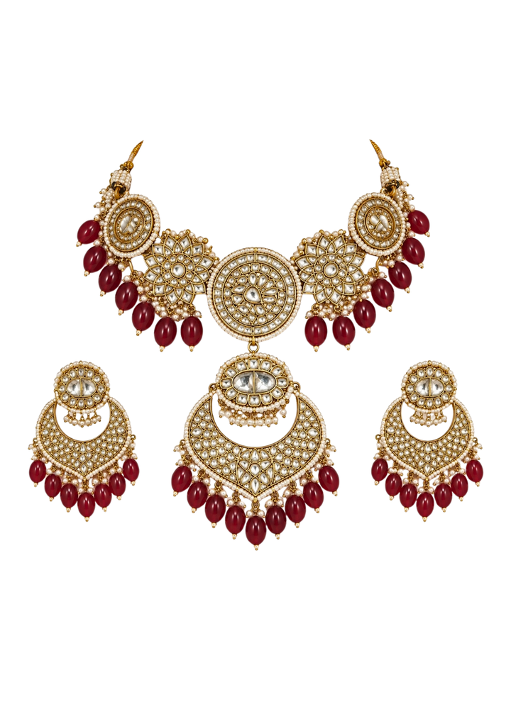 Red Beaded Kundan Choker Necklace Set
