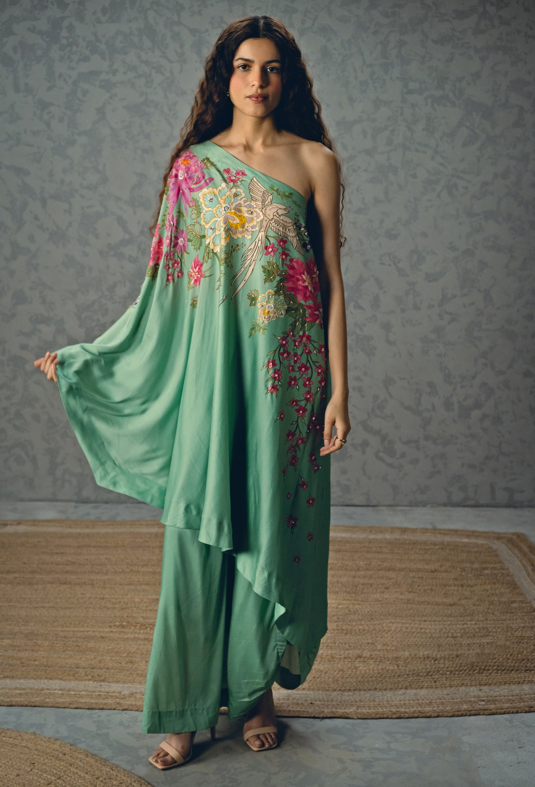 Blue Silk One Shoulder Top And Skirt Set