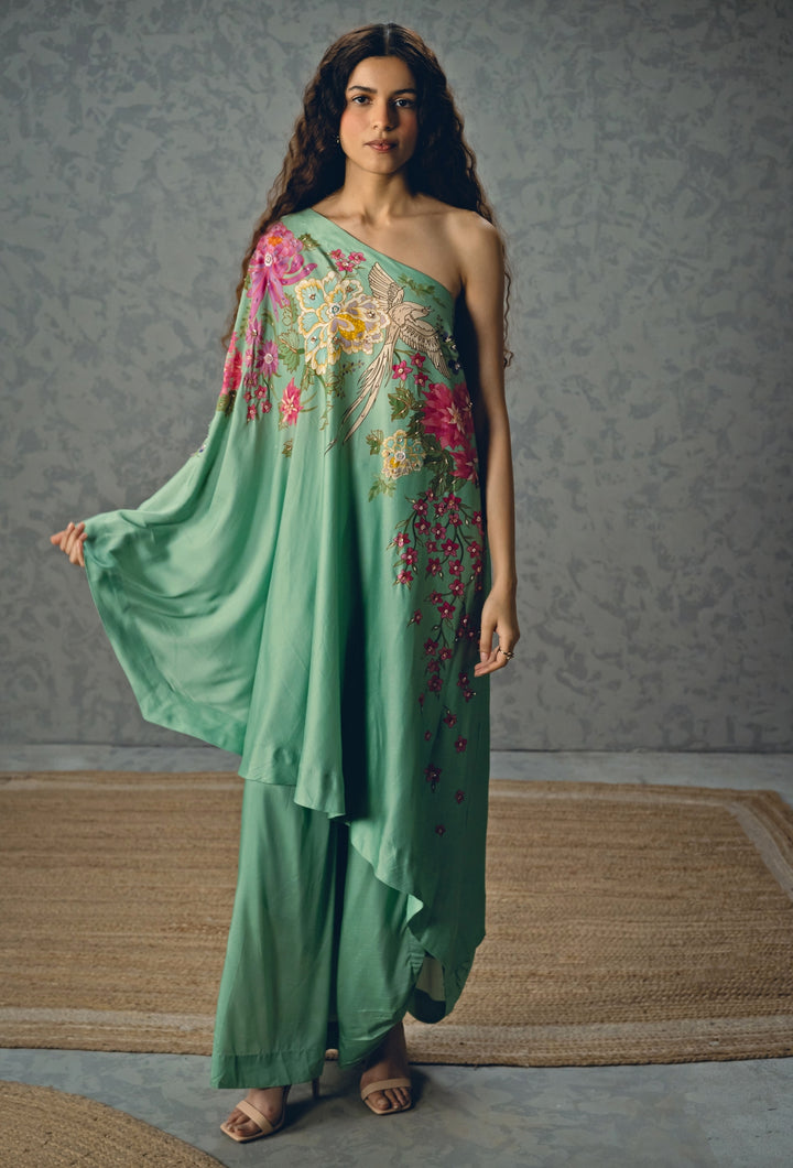 Blue Silk One Shoulder Top And Skirt Set
