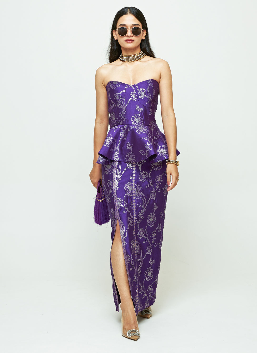 Purple Brocade Silk Peplum Top With Slit Skirt Set