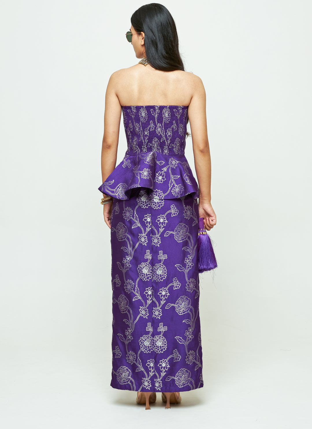 Purple Brocade Silk Peplum Top With Slit Skirt Set
