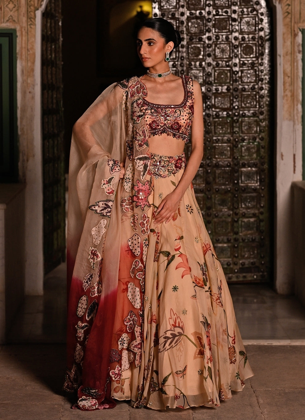 Muted Beige Pink Printed Organza Lehenga Set