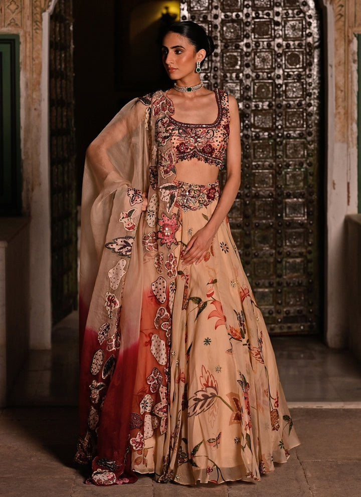 Muted Beige Pink Printed Organza Lehenga Set
