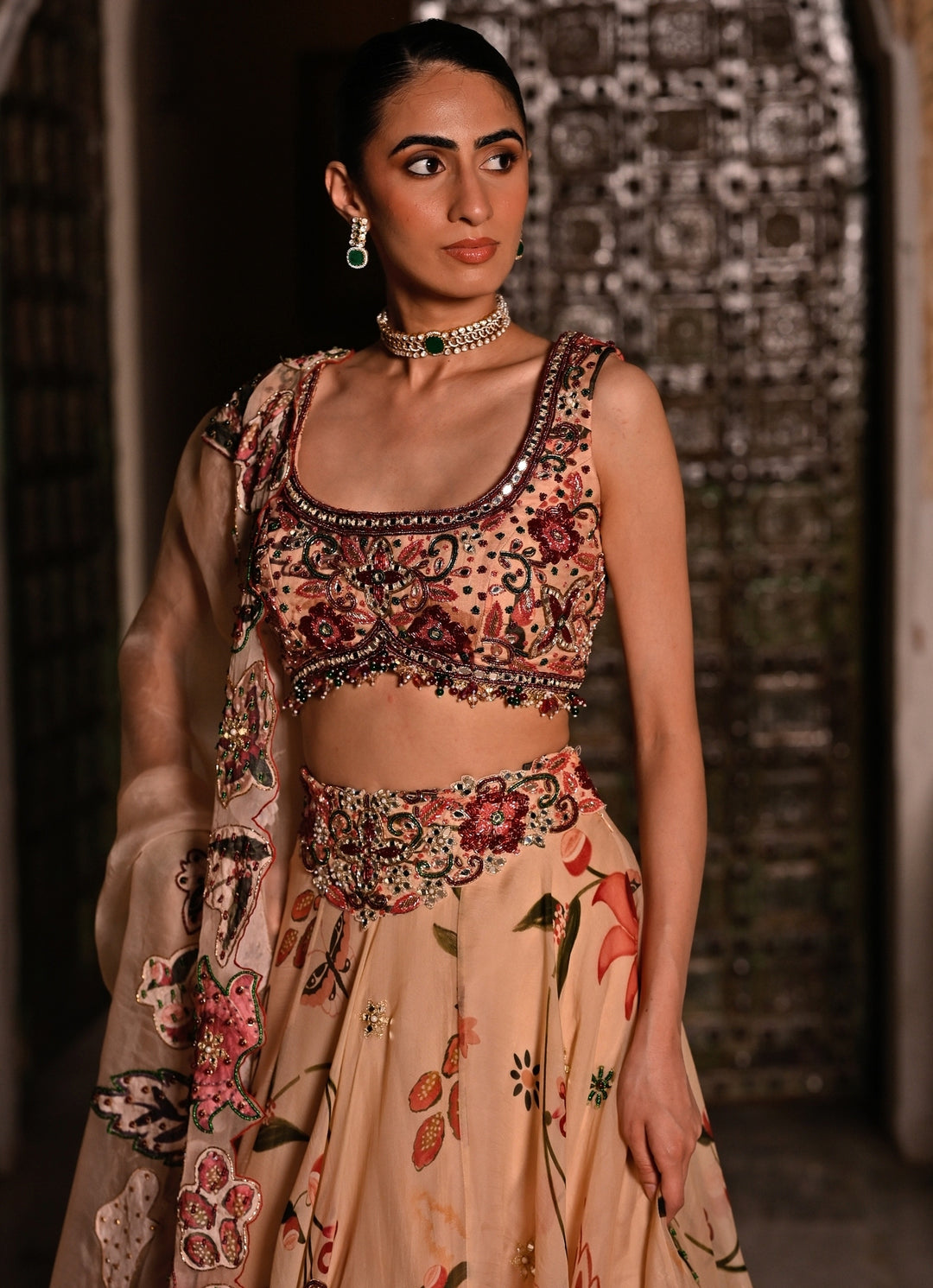 Muted Beige Pink Printed Organza Lehenga Set