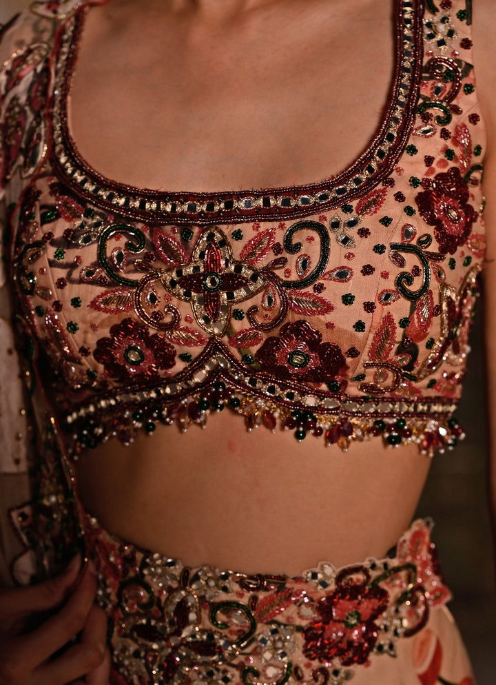 Muted Beige Pink Printed Organza Lehenga Set