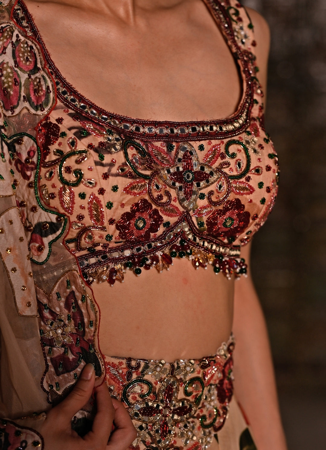 Muted Beige Pink Printed Organza Lehenga Set
