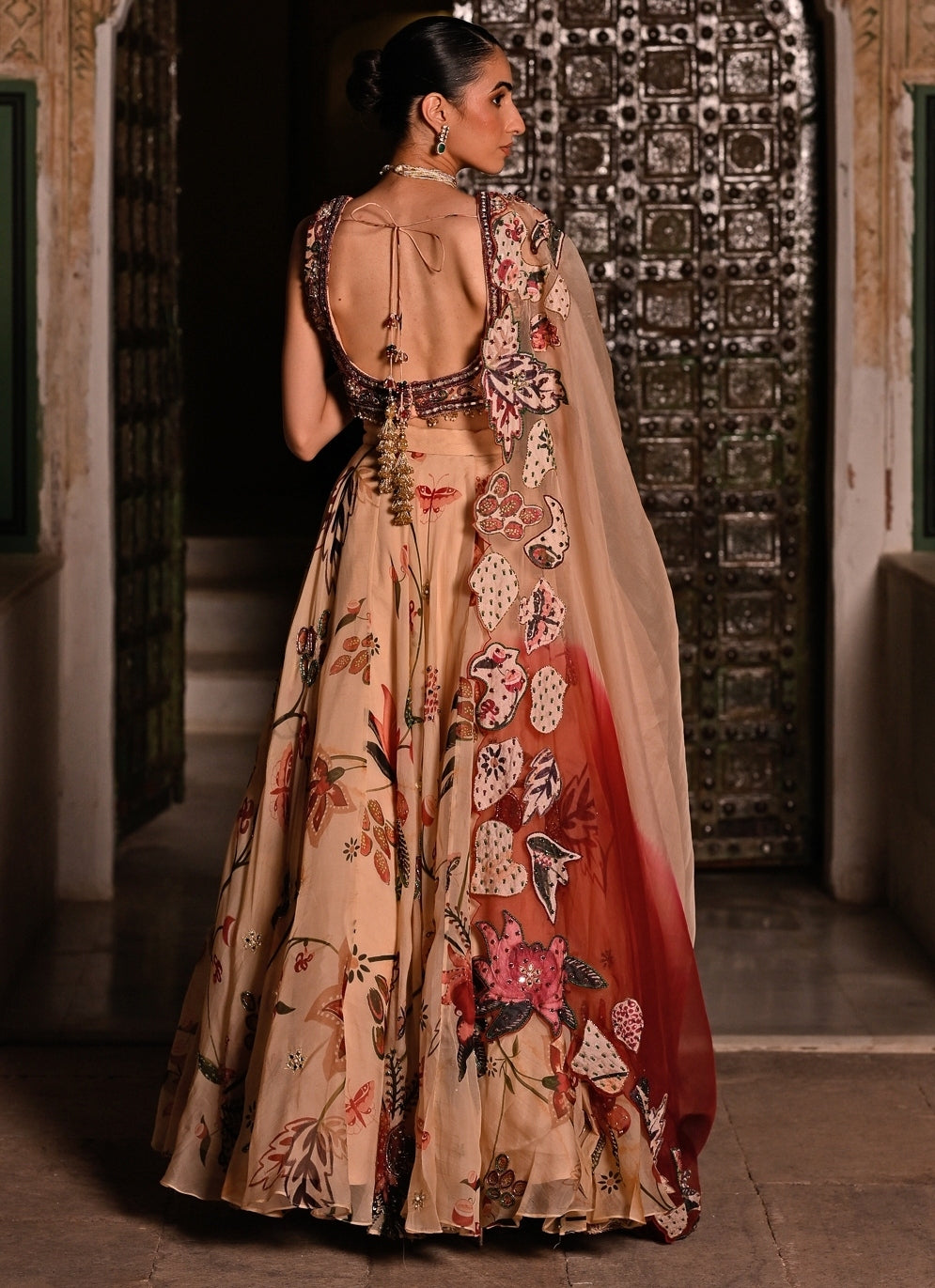 Muted Beige Pink Printed Organza Lehenga Set