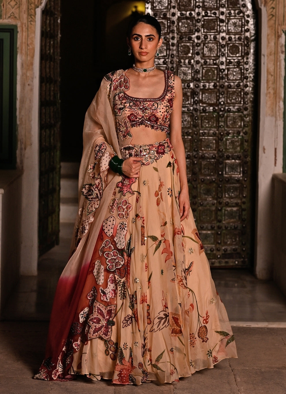 Muted Beige Pink Printed Organza Lehenga Set